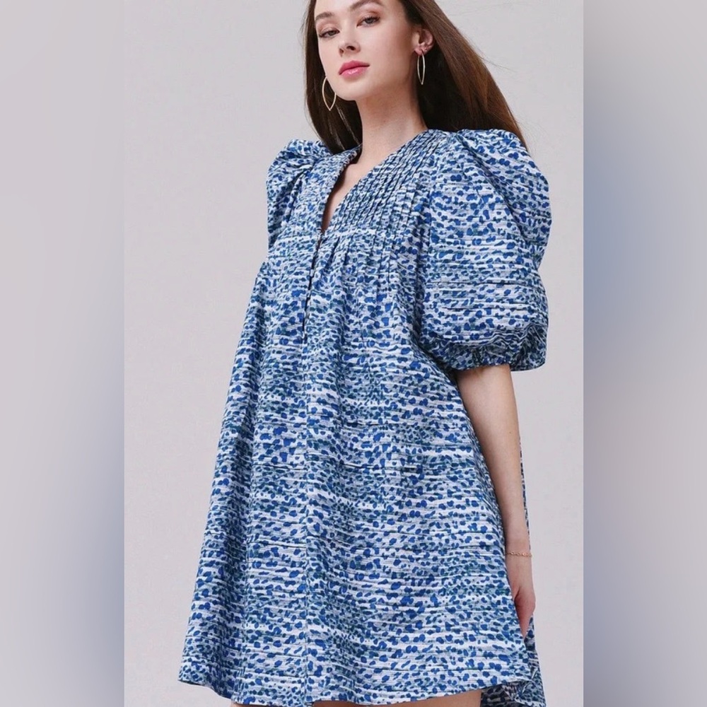 HUNTER BELL Blue and White Puff Sleeve Long Sleeve Dress